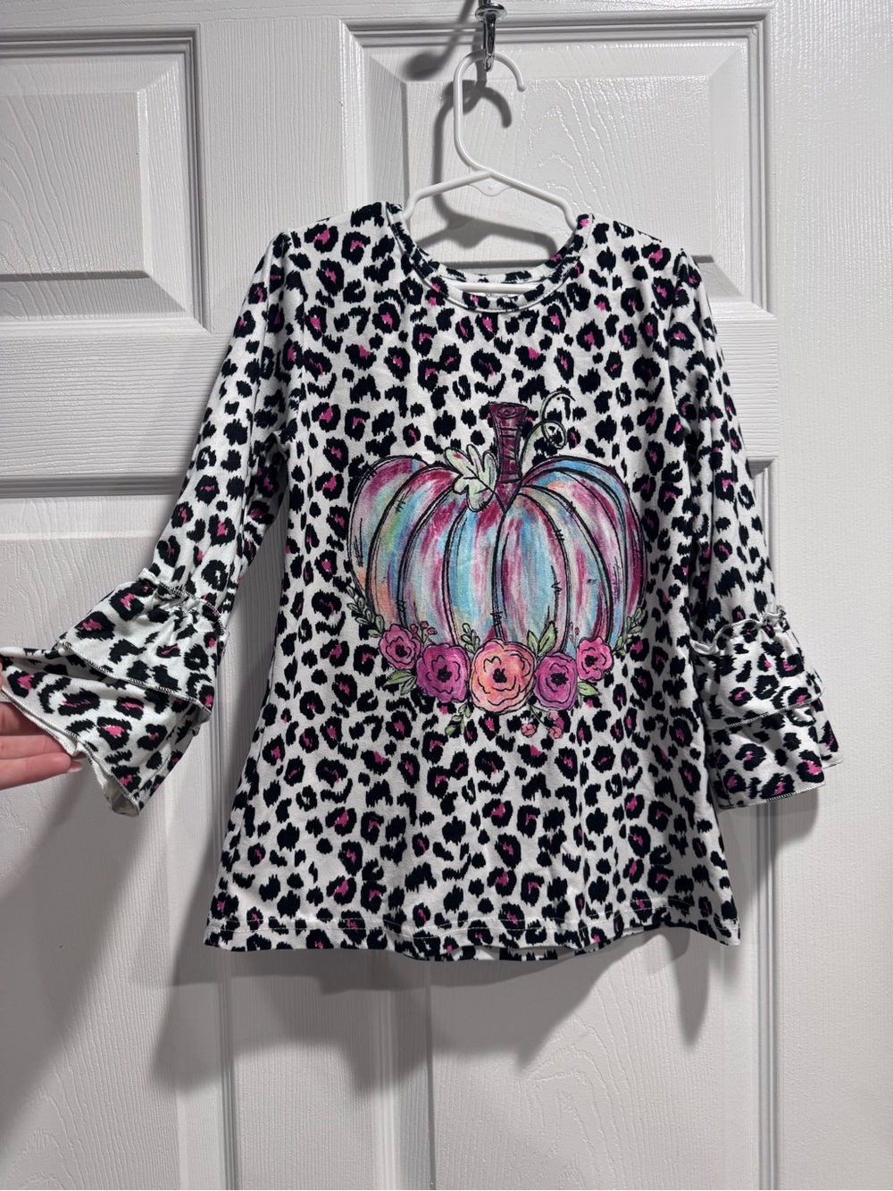 Girls White Leopard Print Top with Pastel Pumpkin Graphic